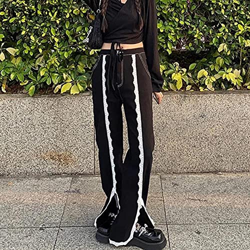 LXCQI Patchwork Encaje Plus Tamaño Split Denim Pant Mamá Slit Jeans Pantalones Pantalones Boyfriend Mujer Streetwear Harajuku Fashion Punk Goth-Negro_XXL