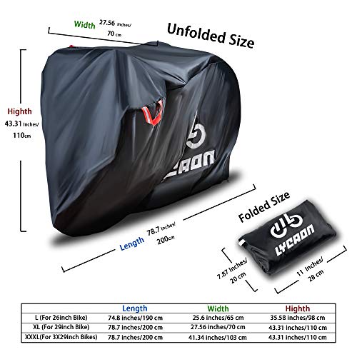 LYCAON Fundas para Bicicletas, 210D Poly Fabric UV Protection Impermeable Anti Dust Bike Rain Cover para Bicicletas de Carretera de Montaña, con Bolsa de Almacenamiento (For 29'' Bike/Negro)