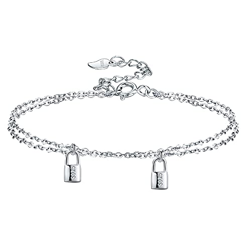 Lydreewam Cadena Doble Candado Pulsera para Mujer Plata de Ley 925 con Caja de Regalo, Ajustable 16+3cm