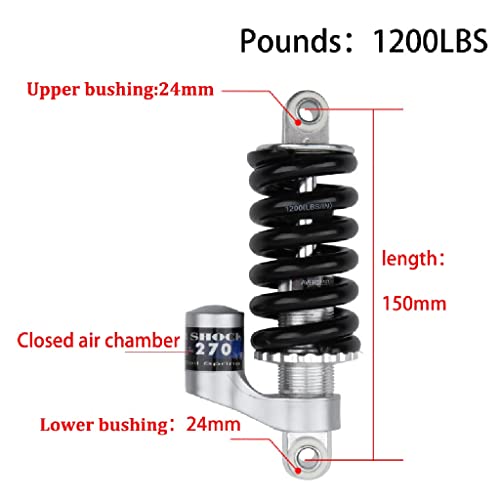 LYYCX Amortiguador Trasero de Bicicleta de Montaña 150mm Bicicleta de Cola Suave Suspensión de Resorte Ajustable con Marco de Cámara de Aire Independiente 1200Lbs (Color : 150MM, Size : 1200LBS)