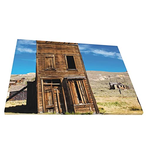 M-shop Pintura de 40,6 x 50,8 cm, decoración rústica del hogar envejecido, podrida, madera doblada, edificio con palo en Old West Ghost Town Imagen marrón azul Panoramic Canvas Wall Art