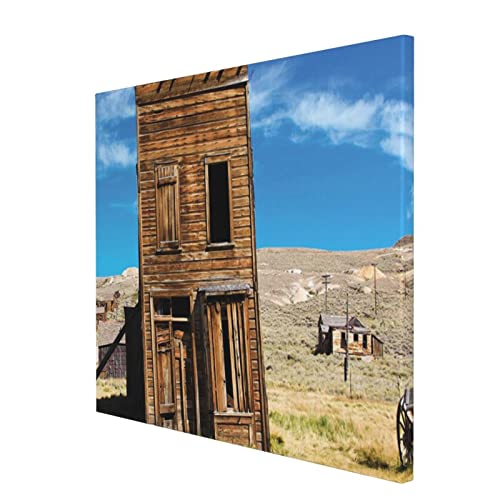 M-shop Pintura de 40,6 x 50,8 cm, decoración rústica del hogar envejecido, podrida, madera doblada, edificio con palo en Old West Ghost Town Imagen marrón azul Panoramic Canvas Wall Art