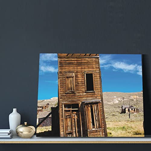 M-shop Pintura de 40,6 x 50,8 cm, decoración rústica del hogar envejecido, podrida, madera doblada, edificio con palo en Old West Ghost Town Imagen marrón azul Panoramic Canvas Wall Art