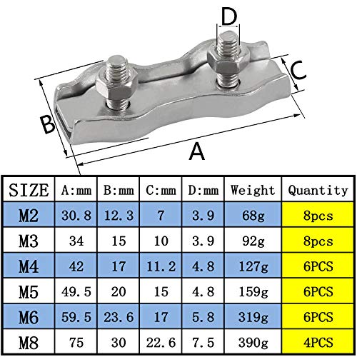 M3 Abrazadera de Cable Dúplex Clips Dúplex Doble Clip de Cuerdas de Alambre Acero Inoxidable 304 para Tendederos de Cables Fijos Patio Colgante Velas de Sol 8pcs