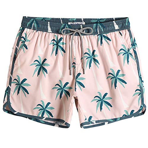 MaaMgic Bañador Hombre de Natación Secado Rápido Interior de Malla Pantalones Cortos d'Aire Vintage 80s 90s,Rosa Árbol de Coco Verde,M