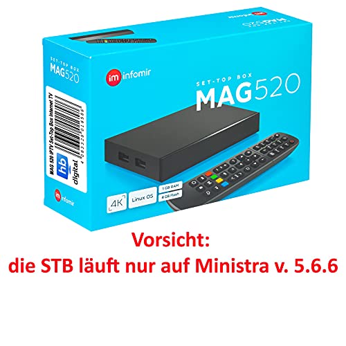 MAG 520 Original Infomir & HB-DIGITAL 4K IPTV Set TOP Box Reproductor Multimedia Internet TV Receptor IP # 4K UHD 60FPS 2160p@60 FPS HDMI 2.0# Soporte HEVC H.256 # ARM Cortex-A53 + Cable HDMI