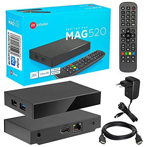 MAG 520 Original Infomir & HB-DIGITAL 4K IPTV Set TOP Box Reproductor Multimedia Internet TV Receptor IP # 4K UHD 60FPS 2160p@60 FPS HDMI 2.0# Soporte HEVC H.256 # ARM Cortex-A53 + Cable HDMI