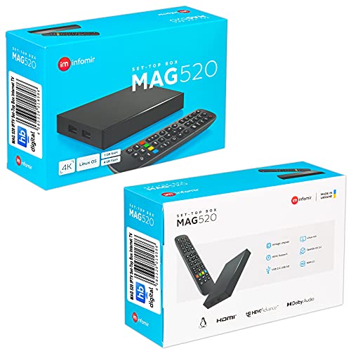 MAG 520 Original Infomir & HB-DIGITAL 4K IPTV Set TOP Box Reproductor Multimedia Internet TV Receptor IP # 4K UHD 60FPS 2160p@60 FPS HDMI 2.0# Soporte HEVC H.256 # ARM Cortex-A53 + Cable HDMI
