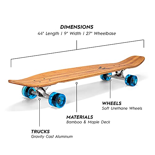 Magneto 44 Pulgadas kicktail Crucero Longboard monopatín | Bambú y Cubierta de Arce Duro | Hecho para Adultos, Adolescentes y niños (Azul)