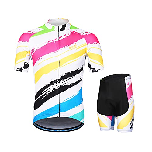 Maillot Ciclismo Hombre Verano Bicicleta Manga Corta Cremallera Pantalones Cortos De Ciclismo Conjunto De Ropa para Ciclismo Transpirable Secado Rápido (Blanco & Rosa,L)