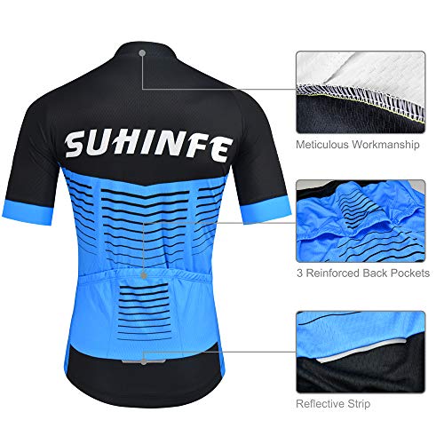 Maillot Ciclismo Hombre Verano, Ropa Ciclismo Manga Corta con Cremallera Completa y 3 Bolsillos Traseros y Culotte Ciclismo para MTB, Azul, L