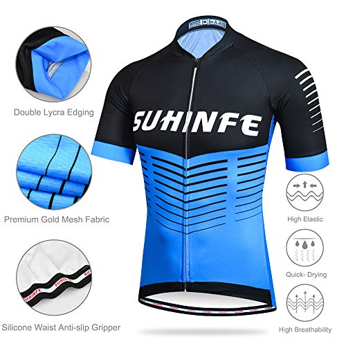 Maillot Ciclismo Hombre Verano, Ropa Ciclismo Manga Corta con Cremallera Completa y 3 Bolsillos Traseros y Culotte Ciclismo para MTB, Azul, XS