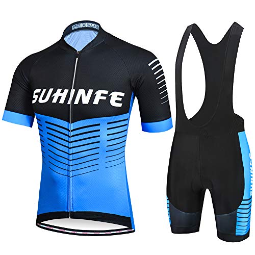 Maillot Ciclismo Hombre Verano, Ropa Ciclismo Manga Corta con Cremallera Completa y 3 Bolsillos Traseros y Culotte Ciclismo para MTB, Azul, XS