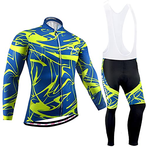 Maillot Ciclismo Invierno Hombre Manga Larga, Ropa Ciclismo Forro Polar Térmico con Cremallera Completa, Tira Reflectante y y Pantalón con Pechera Ciclismo para Mantener el Calor, Azul, M