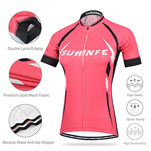 Maillot Ciclismo Mujer Verano, Respirable equipacion Ciclismo y Culotte Tira Reflectante y Bolsillos Traseros, MTB, Rosa, L