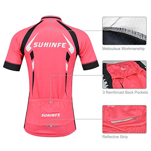 Maillot Ciclismo Mujer Verano, Respirable equipacion Ciclismo y Culotte Tira Reflectante y Bolsillos Traseros, MTB, Rosa, L