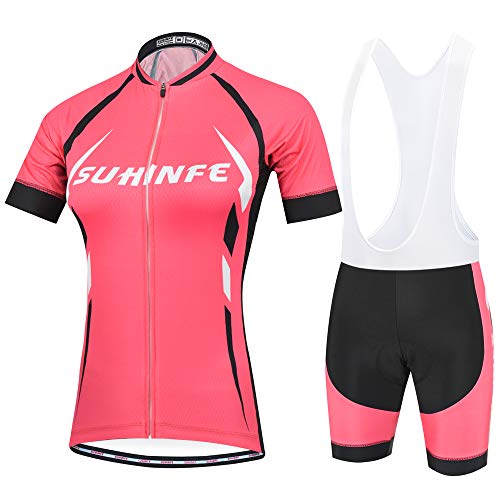 Maillot Ciclismo Mujer Verano, Respirable equipacion Ciclismo y Culotte Tira Reflectante y Bolsillos Traseros, MTB, Rosa, L