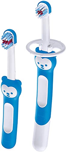 MAM Learn to Brush Set de cepillo de dientes para bebé con mango largo para sujetar juntos, cepillo de dientes para niños que entrena el cepillado de los dientes, a partir de 5 meses, azul