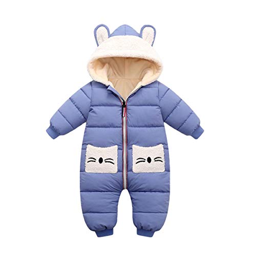 Mameluco con Capucha para Bebés Niños Niñas Traje de nieve de invierno Monos Abrigo Algodón Manga Larga Bolsillo Regalo Recién nacido 6-12 meses,Azul