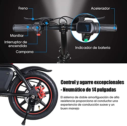 Mangoo Bicicleta eléctrica, Bicicleta eléctrica Plegable con Motor de 250W, Bicicleta eléctrica de 14"para Adultos, 25 km/h, batería de Iones de Litio de 36V 6.0 AH