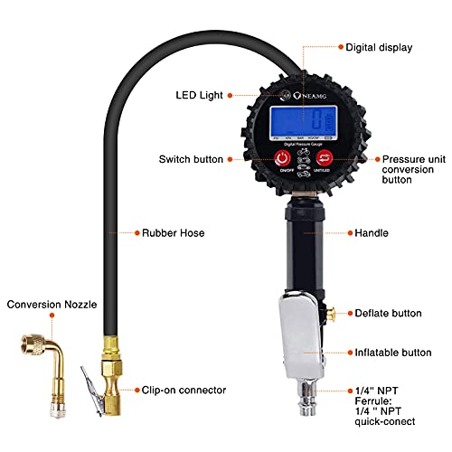 Manómetro Digital 250 PSI Medidor de Presión de Neumáticos con Pantalla LCD para Motocicleta, Bcicleta y Coche