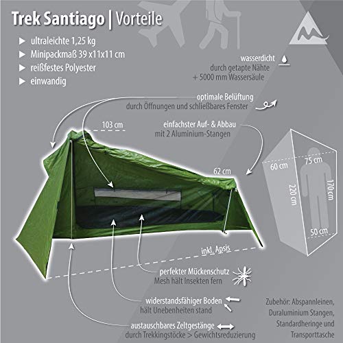 mapuera, Tienda de campaña Trek Santiago - Color Verde, 1,15 kg de Peso, Plegado Compacto, la Tienda de campaña unipersonal y Ligera