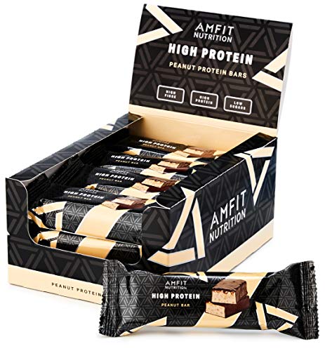 Marca Amazon - Amfit Nutrition Barra de proteína baja en azúcar (19,5gr proteina, 1,7gr azúcar), Cacahuete, Pack de 12 (12x60g)