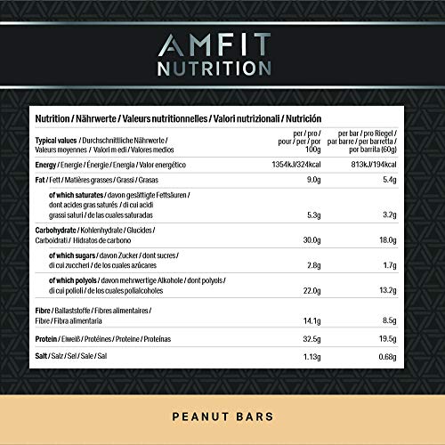 Marca Amazon - Amfit Nutrition Barra de proteína baja en azúcar (19,5gr proteina, 1,7gr azúcar), Cacahuete, Pack de 12 (12x60g)