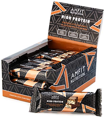 Marca Amazon - Amfit Nutrition Barrita de proteína baja en azúcar (19,6gr proteina - 1,6gr azúcar) - chocolate y caramelo - Pack de 12 (12x60g)