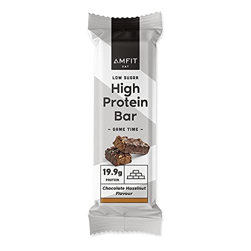 Marca Amazon - Amfit Nutrition Barritas con bajo contenido de azúcares y alto contenido de proteínas - Sabor chocolate y avellana - 12 x 60g