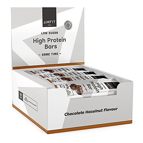 Marca Amazon - Amfit Nutrition Barritas con bajo contenido de azúcares y alto contenido de proteínas - Sabor chocolate y avellana - 12 x 60g
