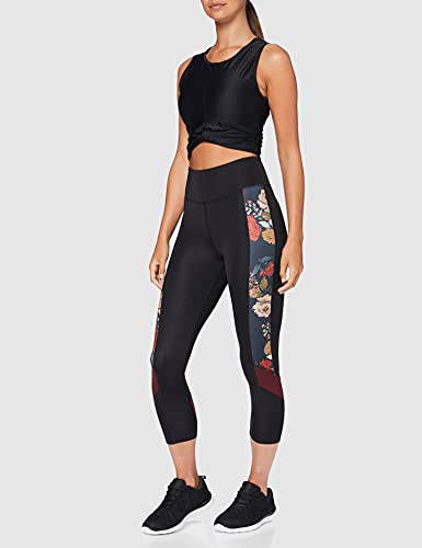 Marca Amazon - AURIQUE Mallas de Deporte Cortas Mujer, Negro (Black/Floral Print), 40, Label:M