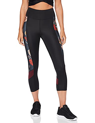 Marca Amazon - AURIQUE Mallas de Deporte Cortas Mujer, Negro (Black/Floral Print), 40, Label:M