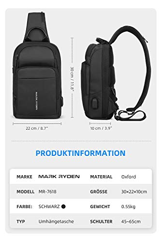 MARK RYDEN Bolso Bandoleras Hombre Impermeable con Puerto de Carga USB Casual Rucksack Antirrobo para Escalada, Kayak, Gimnasio, Ciclismo, Correr, Viaje (Negro- Nuevo)