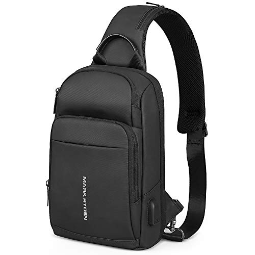 MARK RYDEN Bolso Bandoleras Hombre Impermeable con Puerto de Carga USB Casual Rucksack Antirrobo para Escalada, Kayak, Gimnasio, Ciclismo, Correr, Viaje (Negro- Nuevo)