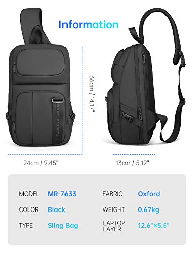 MARK RYDEN Bolso Bandoleras Hombre para portátil de 13 pulgadas Impermeable con Puerto de Carga USB Casual Rucksack Antirrobo para Gimnasio, Ciclismo, Correr, Viaje (Negro)