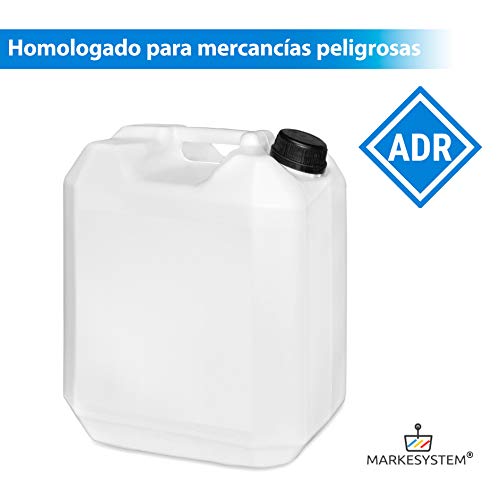 MARKESYSTEM - Garrafa bidón plástico HPDE (20 Litros) + Grifo + Kit Etiquetado + Rosca boca ancha - Homologada ADR - Apilable - Apta uso alimentario - Ideal como depósito líquidos y químicos