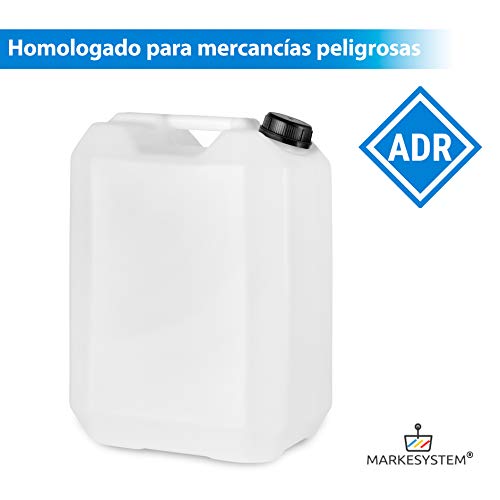 MARKESYSTEM - Garrafa bidón plástico HPDE (25 Litros) + Grifo + Kit Etiquetado + Rosca boca ancha - Homologada ADR - Apilable - Apta uso alimentario - Ideal como depósito líquidos y químicos