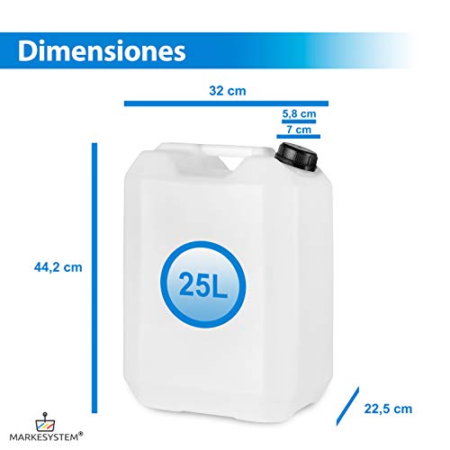 MARKESYSTEM - Garrafa bidón plástico HPDE (25 Litros) + Grifo + Kit Etiquetado + Rosca boca ancha - Homologada ADR - Apilable - Apta uso alimentario - Ideal como depósito líquidos y químicos