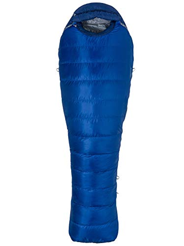 Marmot Sawtooth Mummia, Relleno de Plumas de Ganso 650, Saco de Dormir Muy Ligero y cálido, Hombres, Surf/Arctic Navy, 183 cm