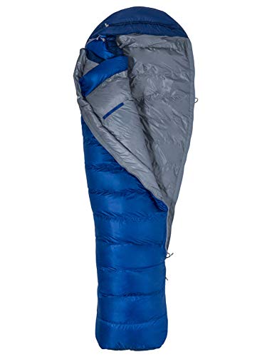 Marmot Sawtooth Mummia, Relleno de Plumas de Ganso 650, Saco de Dormir Muy Ligero y cálido, Hombres, Surf/Arctic Navy, 183 cm