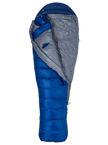 Marmot Sawtooth Mummia, Relleno de Plumas de Ganso 650, Saco de Dormir Muy Ligero y cálido, Hombres, Surf/Arctic Navy, 183 cm