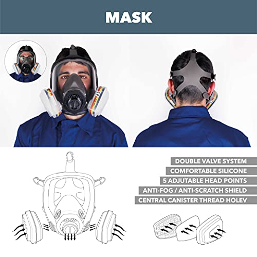 Máscara de Gas Completa Respirador RHINO RH-7011 Reutilizable para Vapores Orgánicos, Gases Ácidos, Fumigar, Pintura | Proteccion Facial con 10 Filtros de Recambio, Gafas de Protección y Guantes
