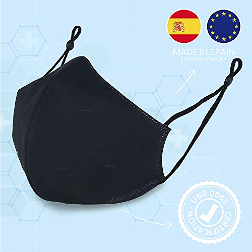 Mascarillas Reutilizables de Tela, Pack de 3 - BONNYCO | Mascarillas Negras Certificado UNE 0065 | Mascarillas de Tela Ajustables con 3 Capas, Lavables Hasta 50 Ciclos | Mascarilla Negra Reutilizable