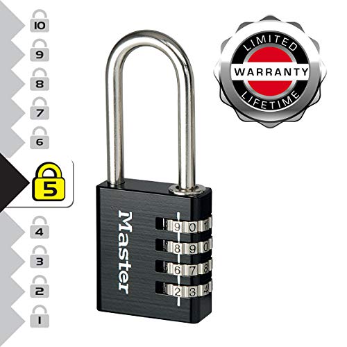 Master Lock 7640EURDBLKLH Candado con combinación personalizable y cuerpo de aluminio y arco largo, Negro, 4 x 10,2 x 1,5 cm