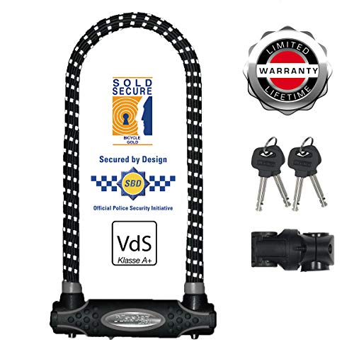 Master Lock 8195EURDPROLWREF Candado U, Llave, Soporte de Transporte, Antirrobo Certificado, XL, Electrica, Bicicleta Montaña, Unisex, Negro/Blanco(Reflectante), Large