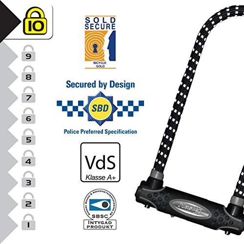 Master Lock 8195EURDPROLWREF Candado U, Llave, Soporte de Transporte, Antirrobo Certificado, XL, Electrica, Bicicleta Montaña, Unisex, Negro/Blanco(Reflectante), Large