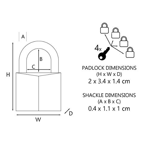 MASTER LOCK Mini Candado Lllave, Lote de 4, Paquete Familiar, 120EURQNOP, óptimo para Maleta, Valija, Taquilla