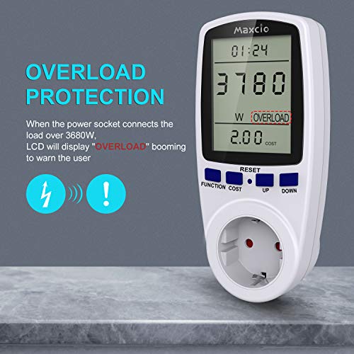 Maxcio Medidor de Consumo de Energía, Monitor de electricidad con Pantalla LCD Grande, 7 Modos Medidor de Consumo Elctrico con Protección contra Sobracarga 3680W (2 Pack)