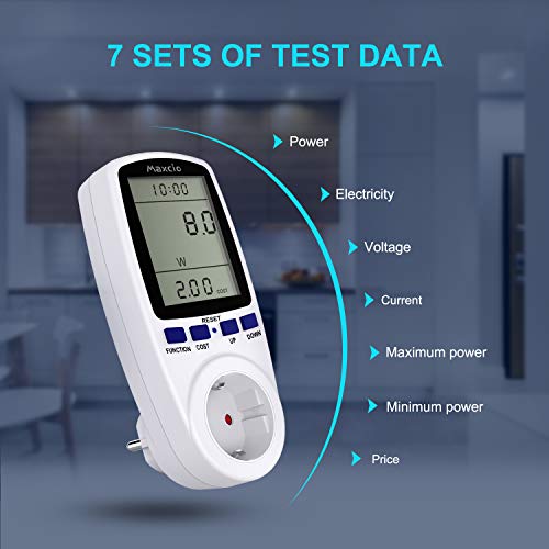 Maxcio Medidor de Consumo de Energía, Monitor de electricidad con Pantalla LCD Grande, 7 Modos Medidor de Consumo Elctrico con Protección contra Sobracarga 3680W (2 Pack)